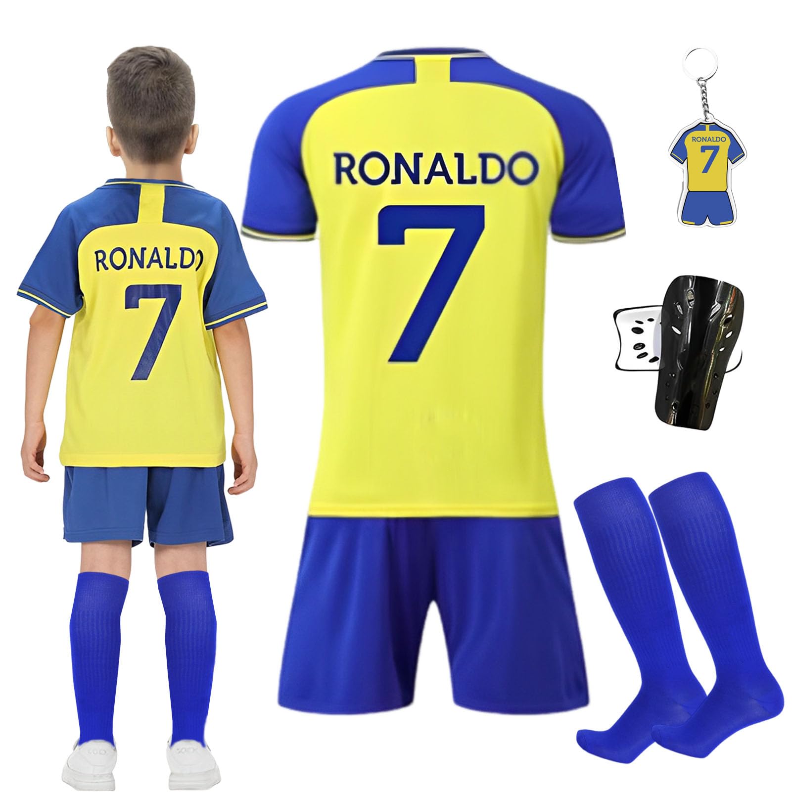 Byhsoep Camiseta de Fútbol,Conjunto de Fútbol de Jersey para Niños con Camiseta,Camiseta Deportiva de Fútbol con Pantalones Cortos,Calcetines y Placa Protectora de Rodilla