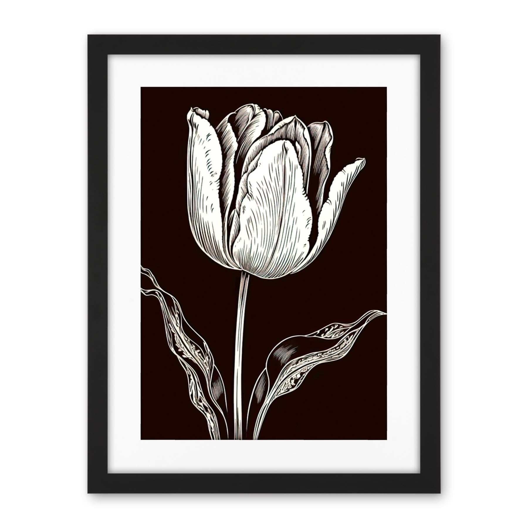 Artery8 Tulip Flower Black and White Contour Folk Art Artwork Framed Wall Art Print 18X24 Inch