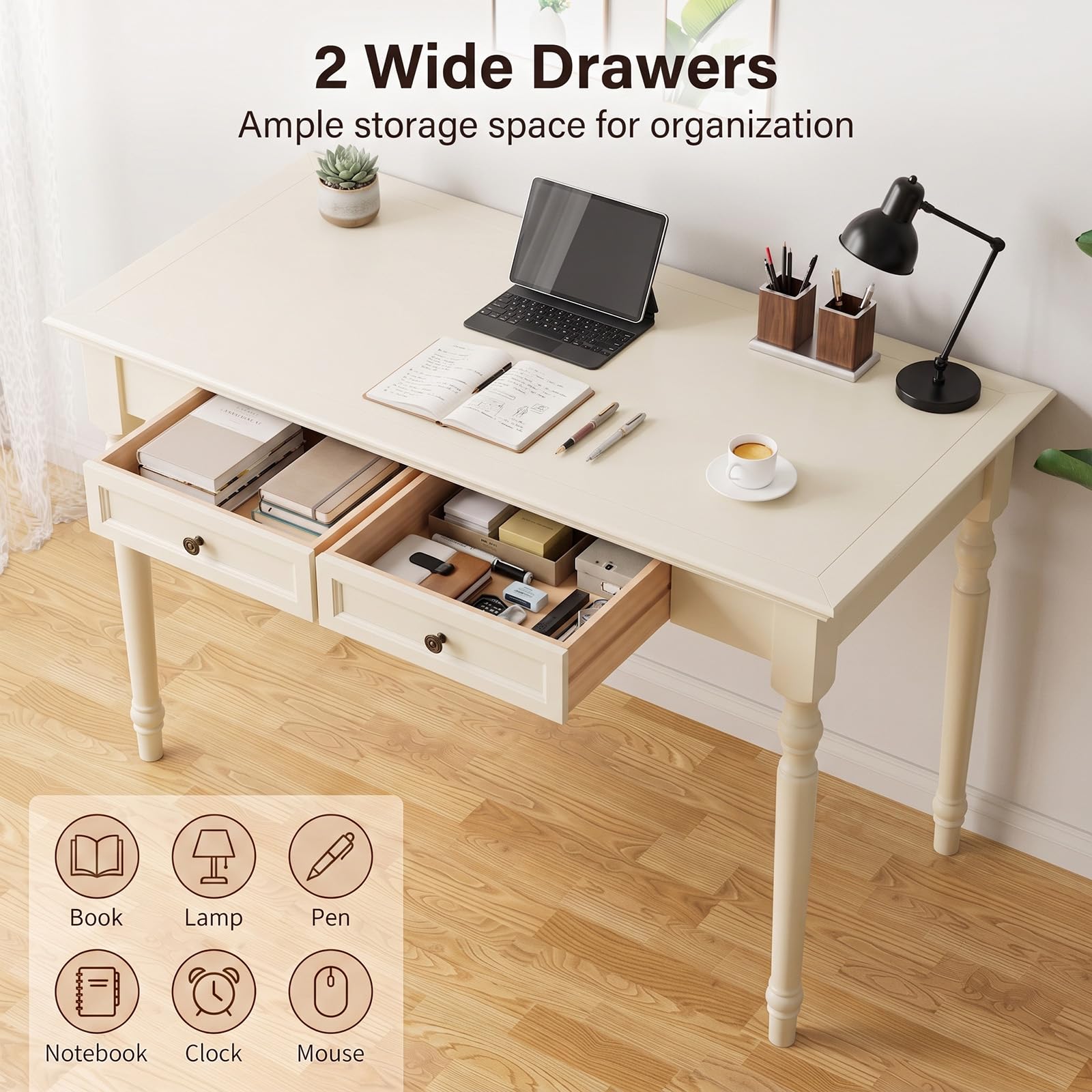ADORZ Weißer Schreibtisch mit Schubladen, 120 cm | Home-Office-Schreibtische aus Massivholz, Schreibtisch für Heimbüro, Arbeitszimmer oder Schlafzimmer