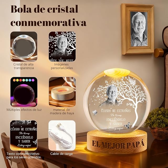 Foto 6 de 8 de Bola de Cristal Memorial Personalizada - Luz de Noche con Foto Personalizada y Base de Madera Grabada