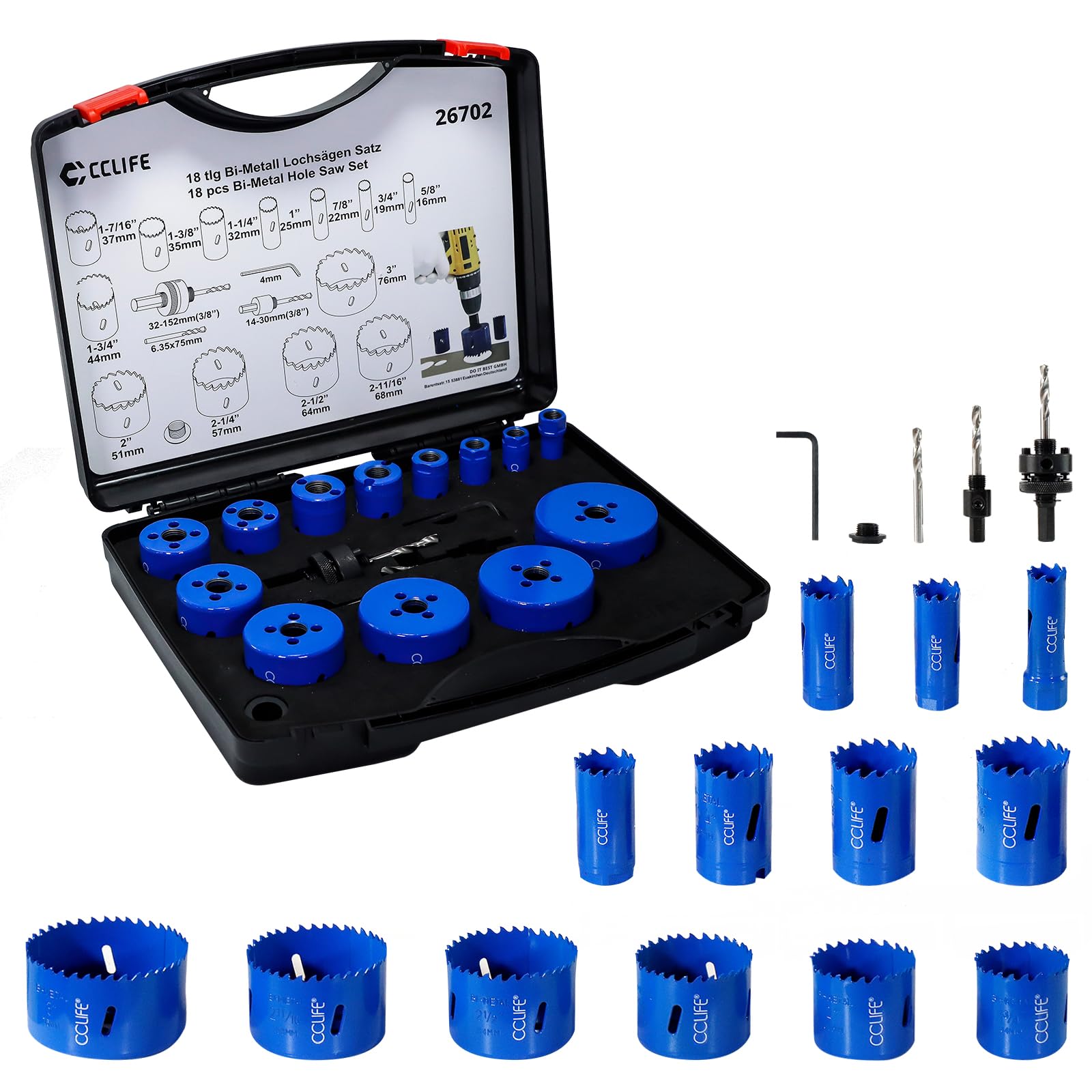 CCLIFE Set di seghe a tazza bimetalliche M3 HSS-Co, 18 pezzi, diametro 16 | Punta a tazza bimetallica ottimizzata con dentatura anti-gancio per legno, plastica, PVC. Bassa vibrazione