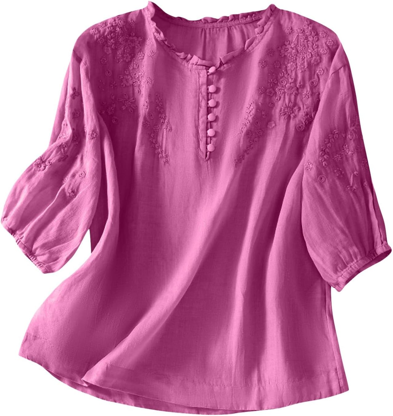 Womens Cotton Linen Button Short Sleeve Shirts Summer Loose Crew Neck Casual Boho Top Vintage Embroidered Blouse