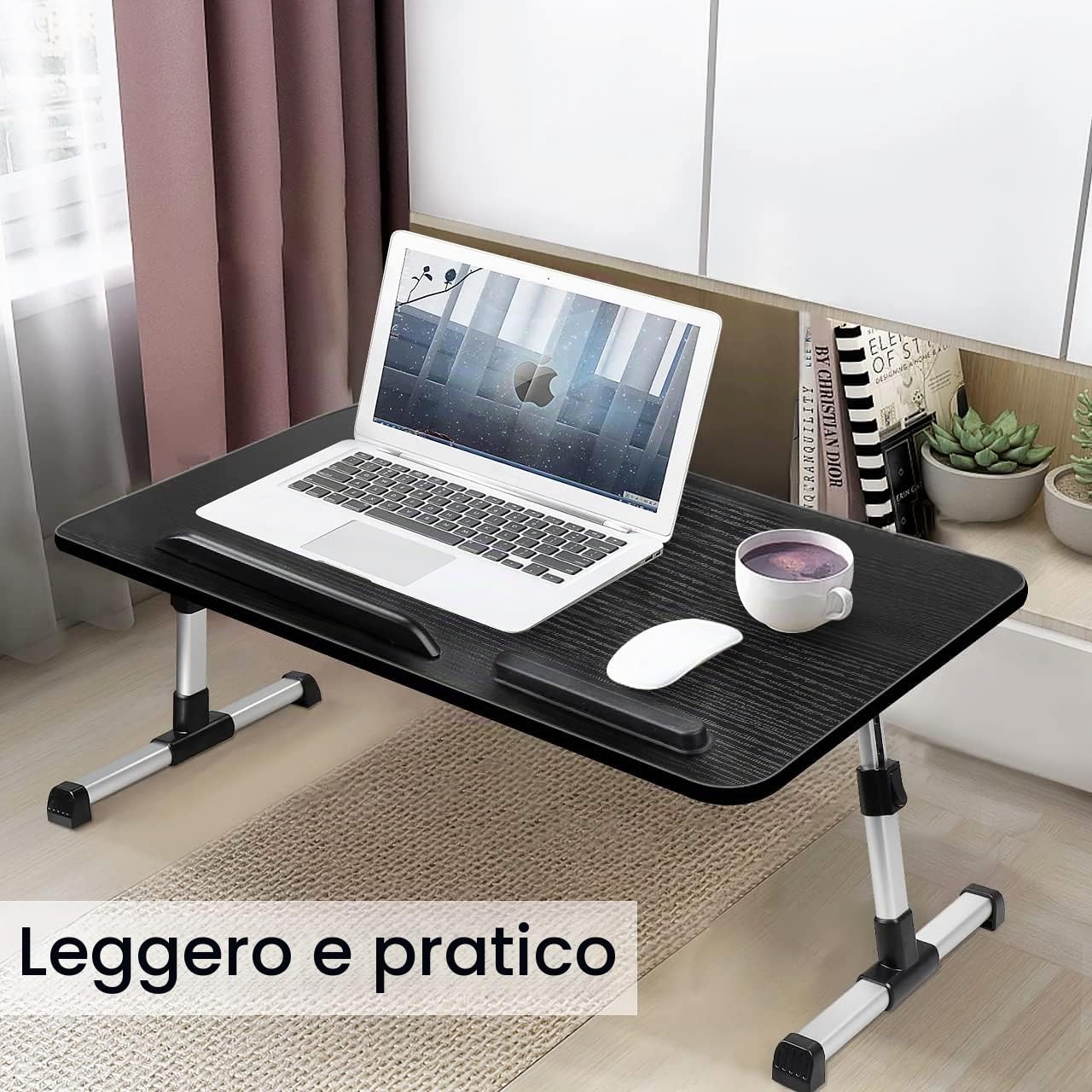 Tavolino da Letto, Regolabile in Altezza und Angolo, Tavolino Pieghevole con Cassettiera, Supporto per Tablet, Tavolini per Letto, Divano, Pavimento (60 x 34 cm, Nero)