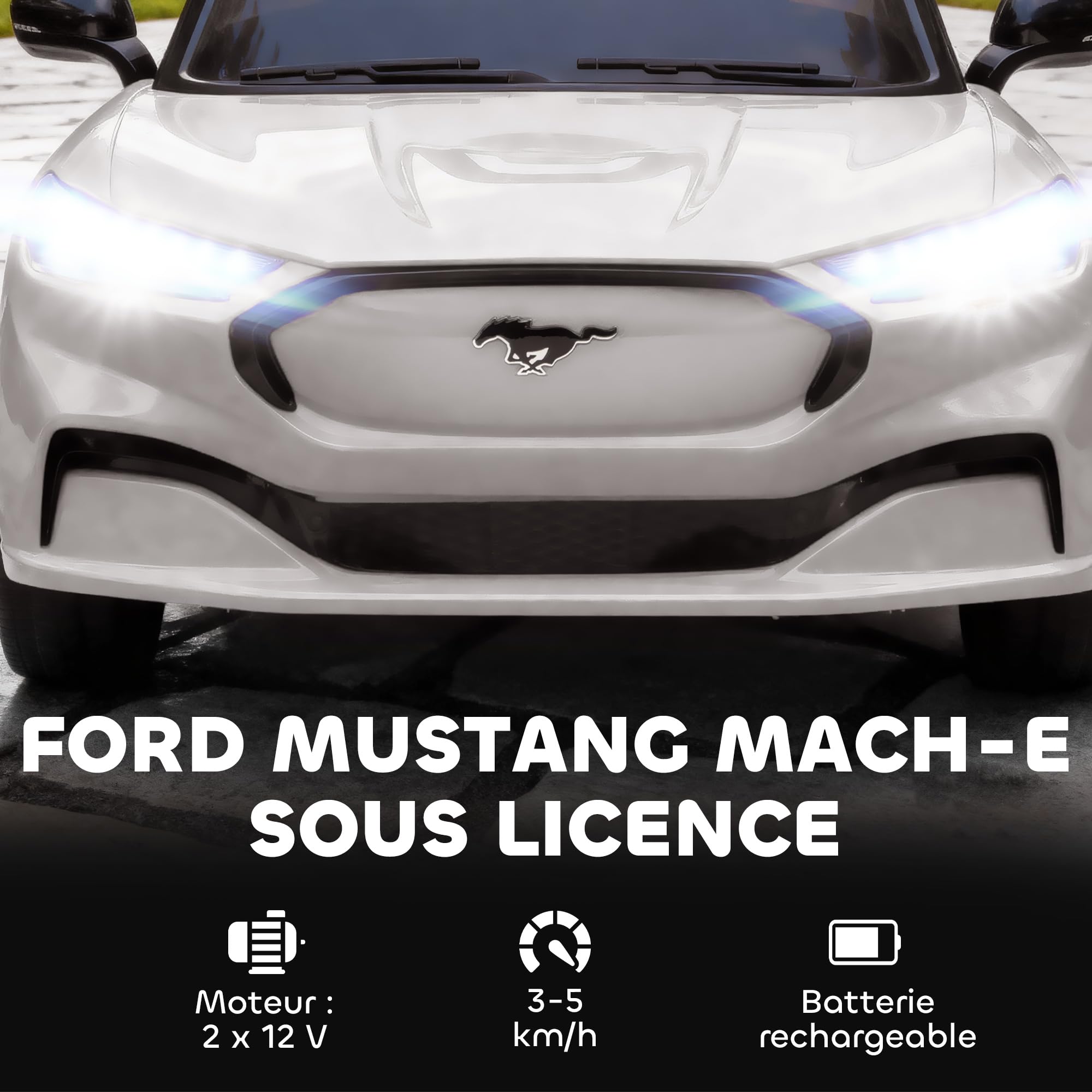 AIYAPLAY Voiture Électrique Enfant Ford Mustang Mach-E 12V Blanc | Véhicule Électrique, Télécommande 2,4G, 2 Moteurs 25W, Démarrage Progressif, Phares LED, Musique, Port USB/Bluetooth