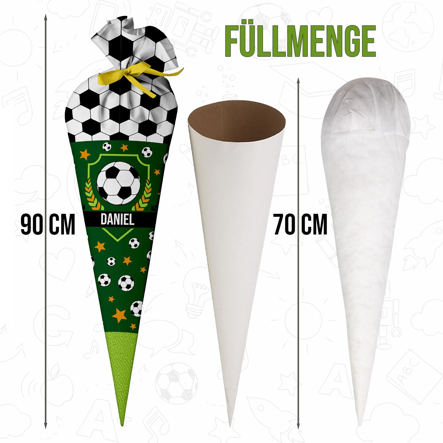 Schultüte Fussball 70 cm personalisierte Zuckertüte aus Stoff mit runde Papprohling und Silikonkügelchen