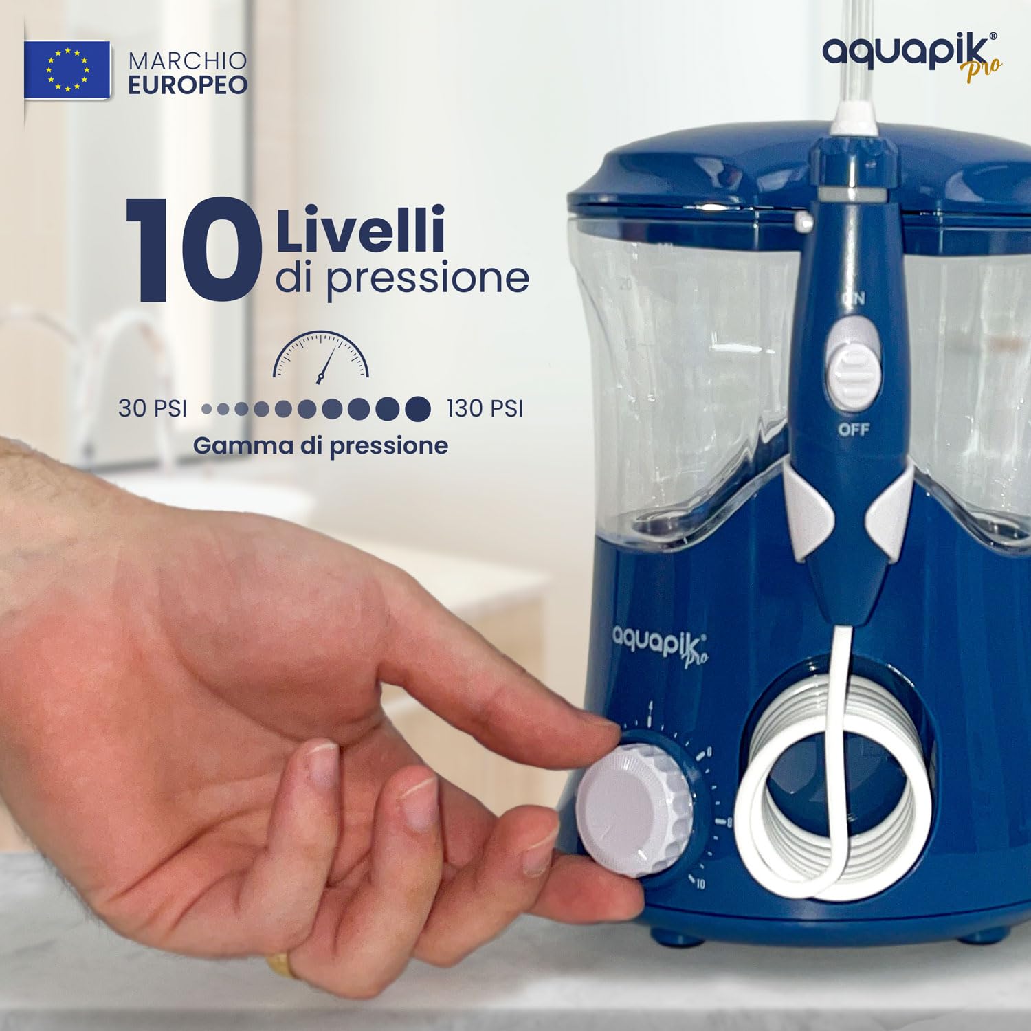 Aquapik® PRO Idropulsore Dentale Professionale | Rimuove la Placca + Raccomandato dai Dentisti + Cura Impianti e Apparecchi Ortodontici | 8 Ugelli + 10 Livelli di Pressione + Serbatoio 600 ml