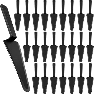 TINSKY 50Pcs Plastic Disposable Cake Cutter 9.1Inch Wedding Pie Server Plastic Spatula Cake Server Cutting Knives Pie Pizza Pastry Slicer Serving Utensils (Black)