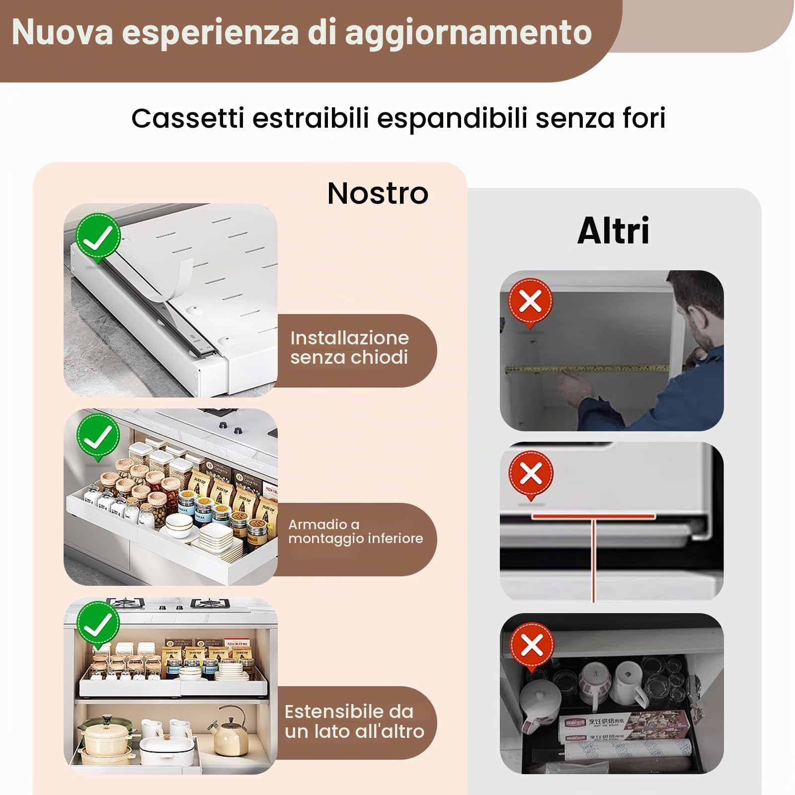Dokeno 2 cassetti telescopici con colla, organizer per cabinet estraibile, larghezza regolabile (32-52 cm), cassetti per mobili da cucina, organizer per armadio espandibile per cucina, bagno (bianco)