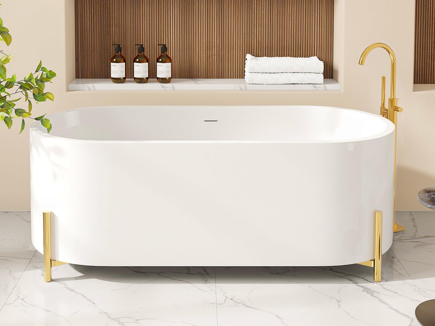 Vente-unique-Freistehende Badewanne oval - mit goldfarbenen Füßen - Weiß - 160 x 73,5 x 59 cm - ALONSA