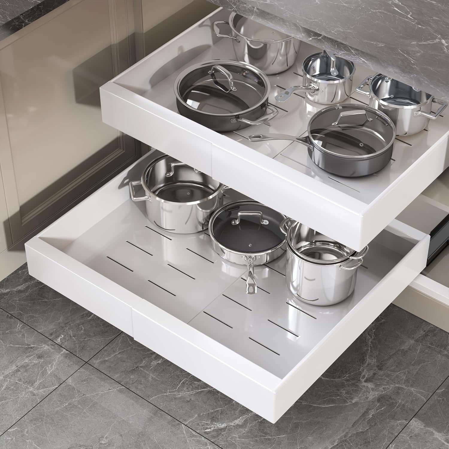 1 Pack Pull Out Cabinet Organizer 21" Deep,Full Extension 3 Slide Rails Slide Out Drawers With Raising Pad for Framed Cabinets,Expandable Width (12.3"-20.5"),No Drill Roll Out Shelves,White White 21"D x 12.3"-20.5"W(1Pack)