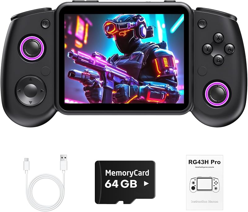 RG43H Pro Retro Handheld Game Console,Dual Game System,Powerful RK3562 Chip | 4.3 Inch IPS Screen Retro Gaming Console,Vibration Motor,HDMI TV Output,4000mAh Battery-64GB Black