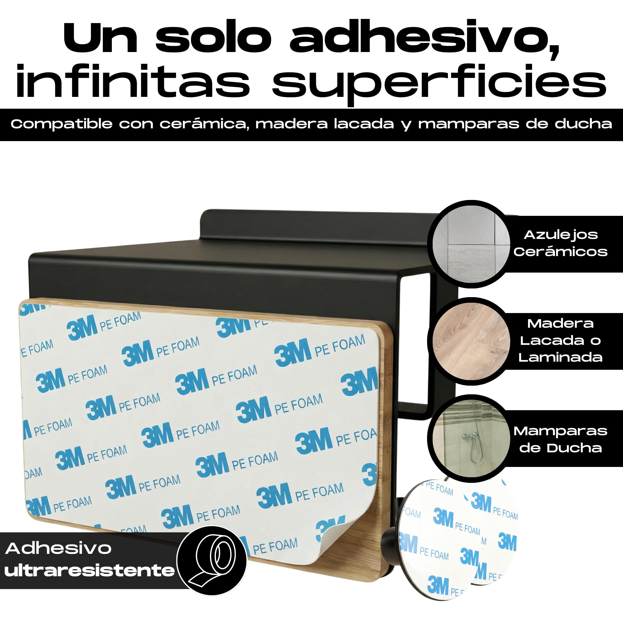 BYSER Portarrollos Papel Higienico Adhesivo con Repisa + 2 Ganchos. De Acero Inoxidable Negro y Bambú. Soporte para Papel Higienico Pared sin Taladro, con Accesorios Baño Modernos - 5