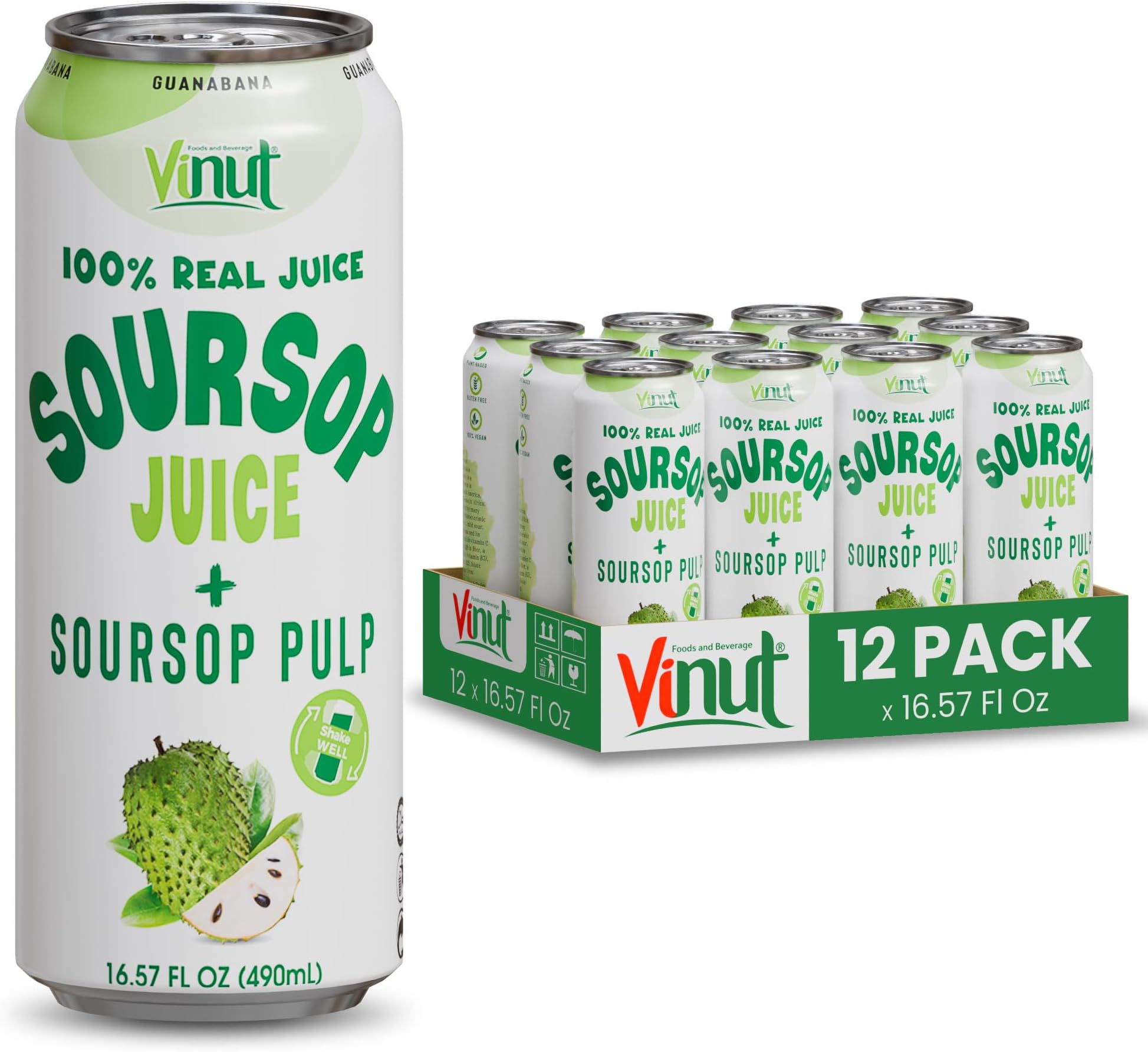 Vinut 100% Soursop Juice With Pulp (16.57 fl oz, Pack 12), No Sugar Added, Real Guanabana Soursop Graviola Drink, Fresh, Natural, Not from Concentrate (NFC)