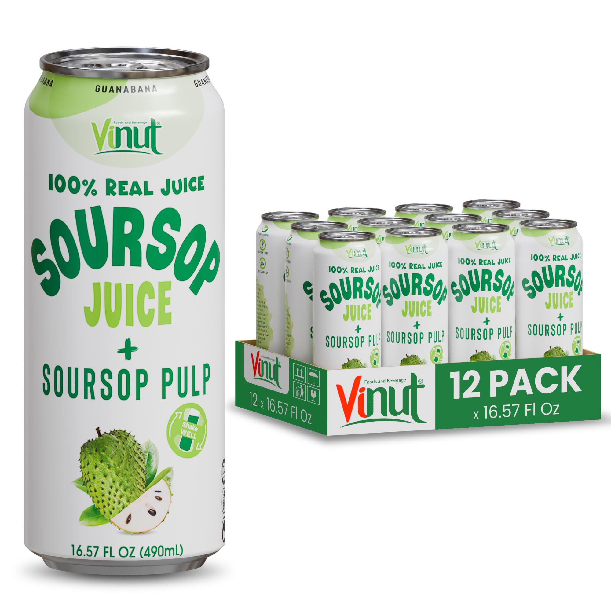 Vinut 100% Soursop Juice With Pulp (16.57 fl oz, Pack 12), No Sugar Added, Real Guanabana Soursop Graviola Drink, Fresh, Natural, Not from Concentrate (NFC)