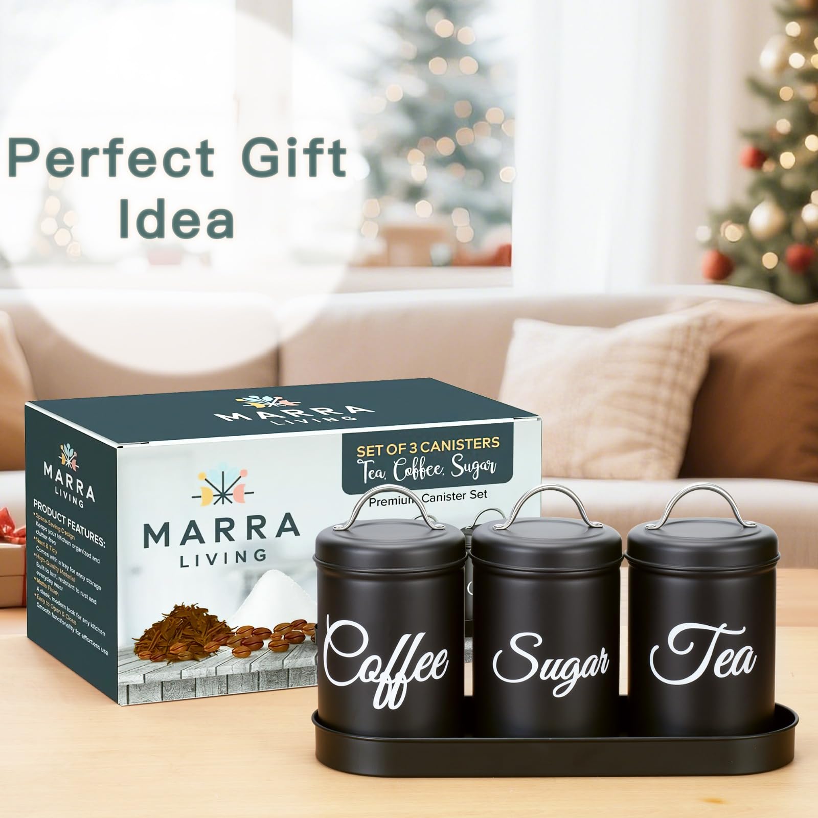Marra Living, Tea Coffee Sugar Canisters Set of 3, Airtight Kitchen Storage Jars with Lids and a Coordinating Tray - Image 4