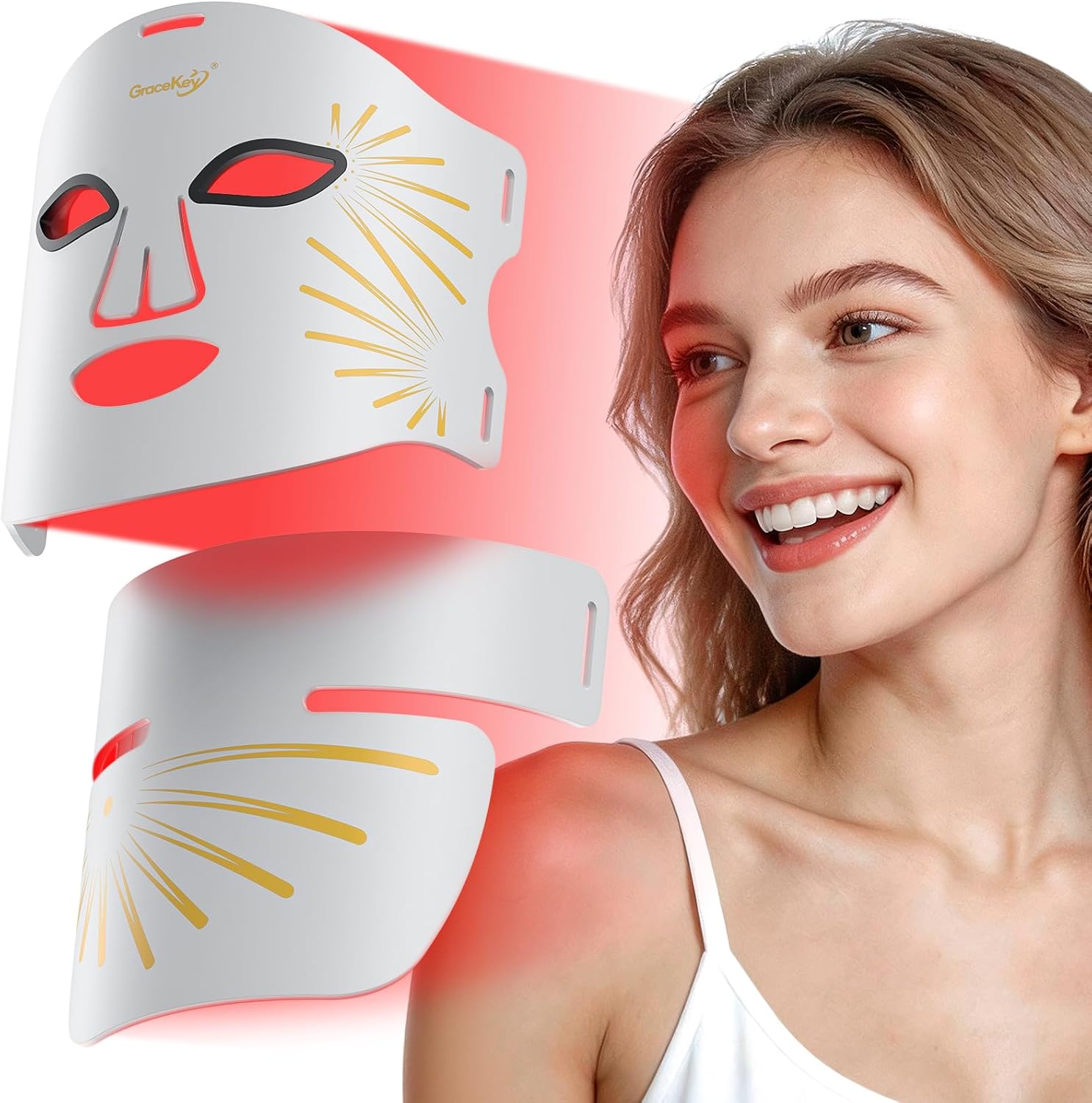 Gracekey Red Light Therapy for Face and Neck, 7-in-1 Color LED Facial Mask with 850nm Infrared, Light Therapy Mask with Neck Masks, 3000mAh Rechargeable Light Therapy with Timer for Home Use