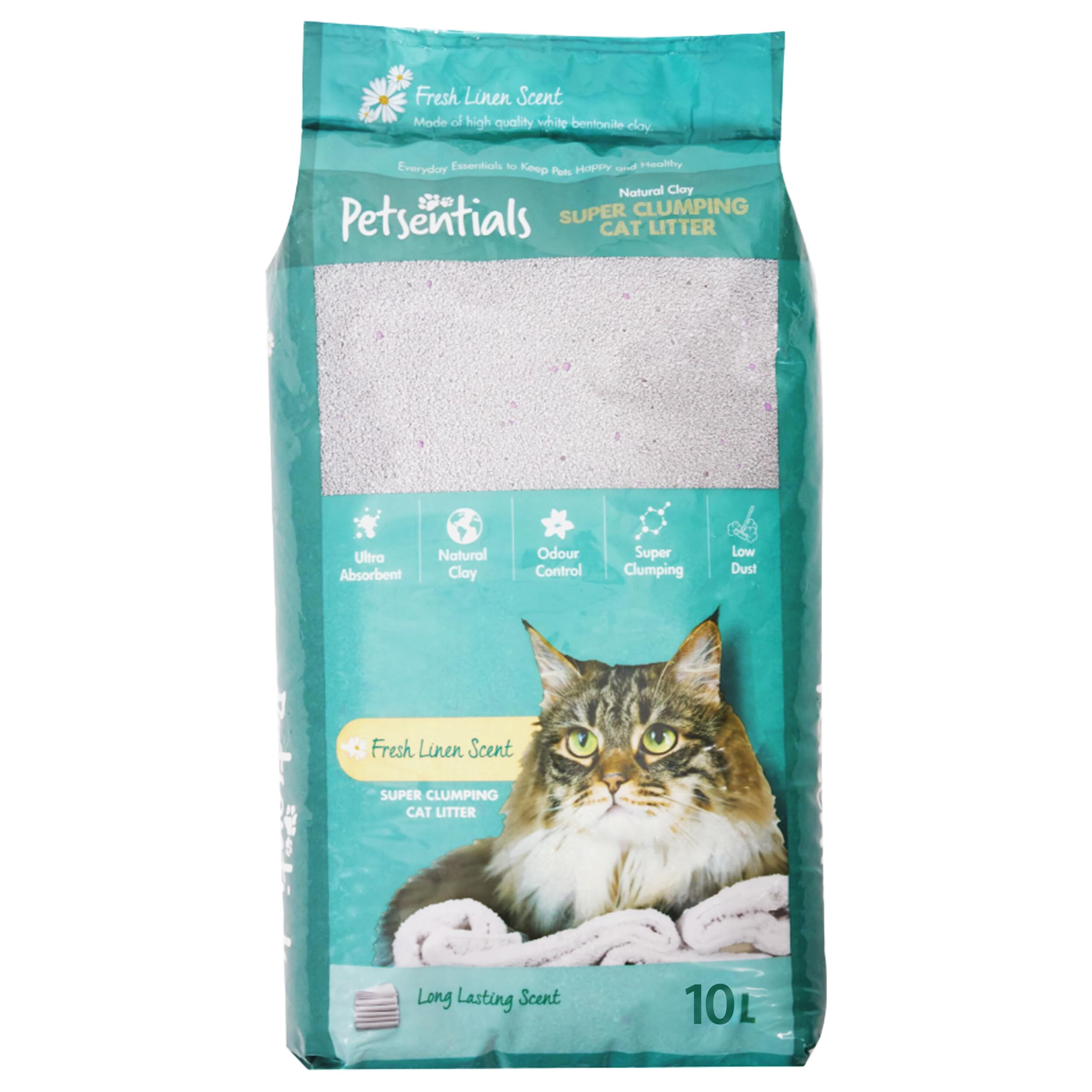 Petsentials Litière agglomérante pour chat – 10 L | Litière naturelle en bentonite pour chat pour une absorption ultra | Contrôle des odeurs | Parfum de lin frais