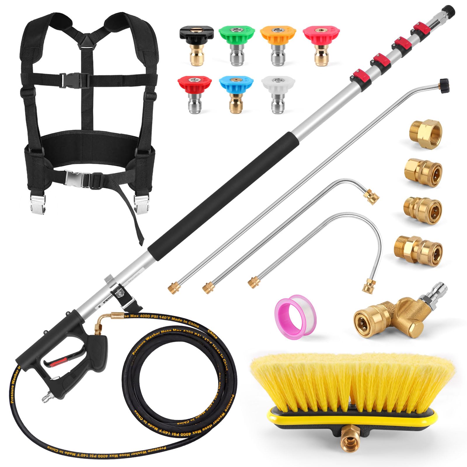 24ft telescoping power washer extension wand, gutter cleaning tools with brush head, 4 adapters, 7 spray nozzles, upgraded support belt, pressure washer wand extension for wall roof gutter
