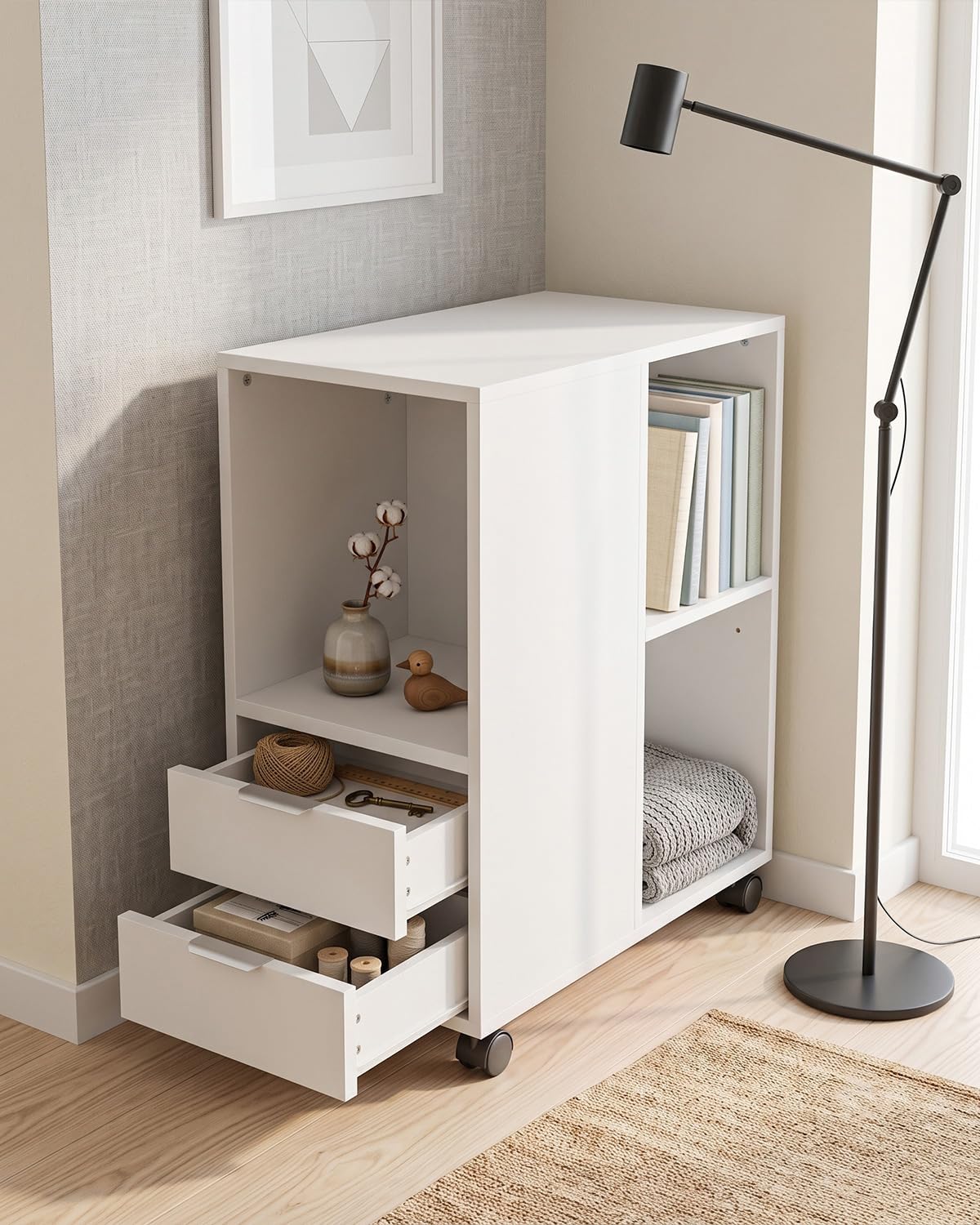 Rollcontainer Aktenschrank, Büro Schubladenschrank Untertisch, Weiß