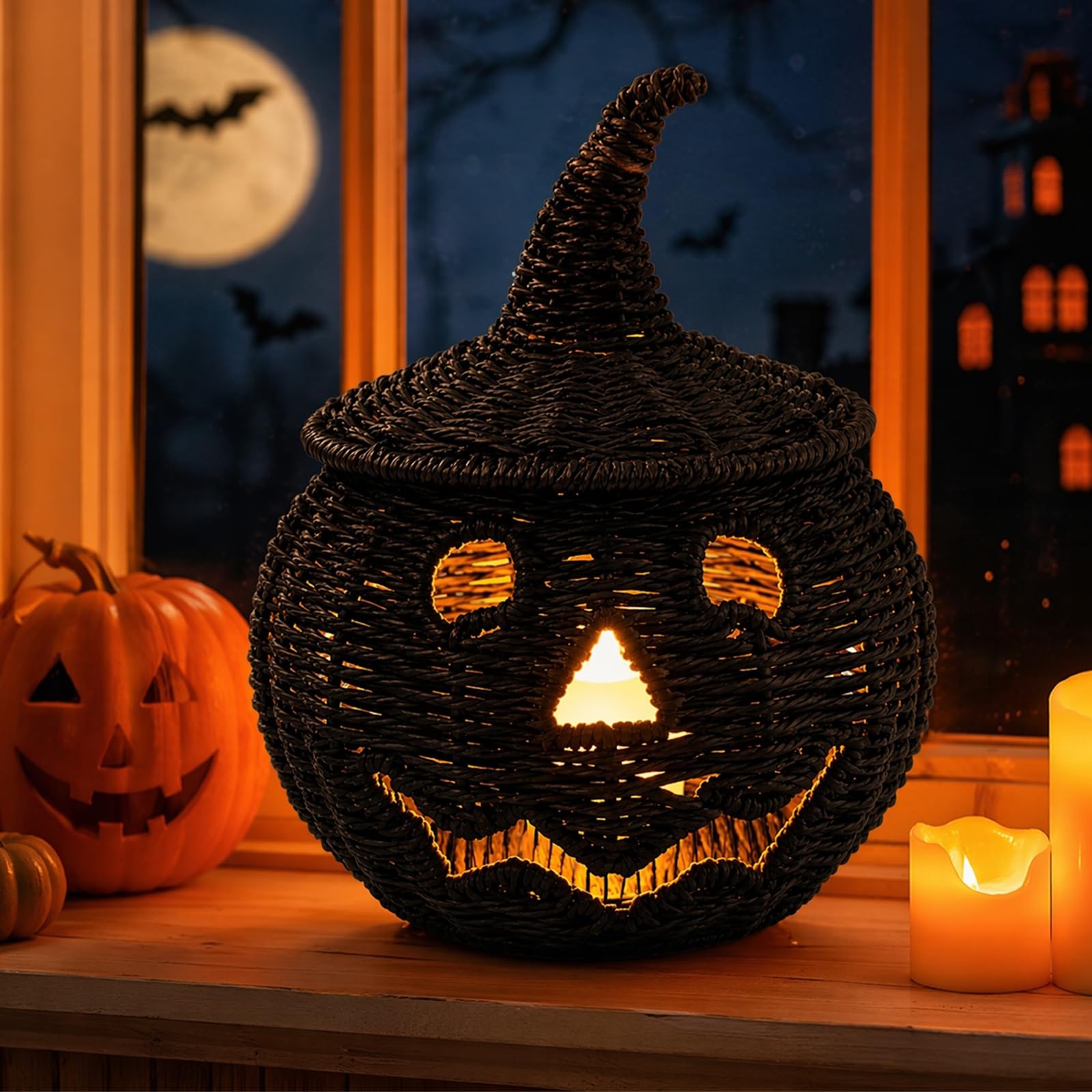 Spooky Handmade Black Wicker Pumpkin Lantern, Handwoven Pumpkin Night Light
