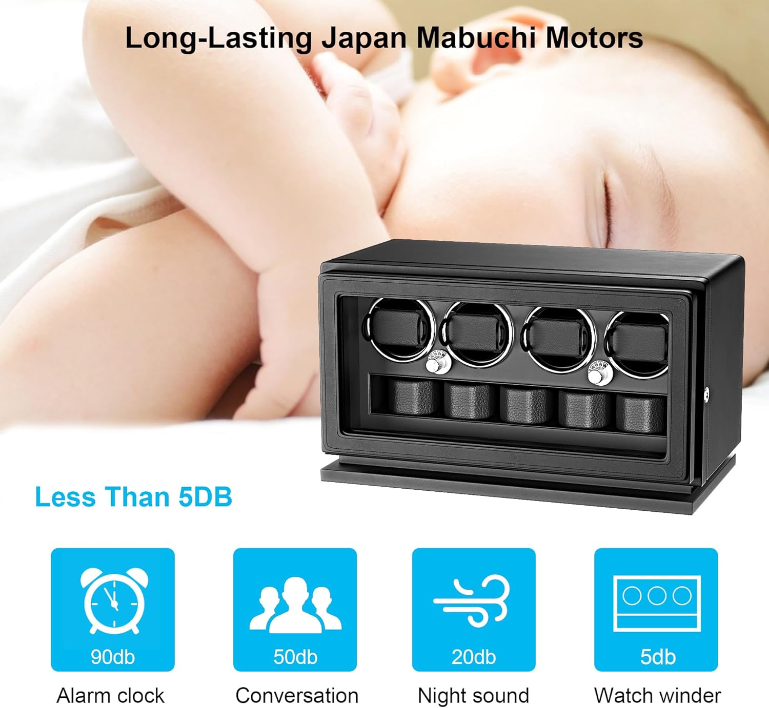 Micro Fiber Leather Watch Winder for 3/4/6 Automatic Watches, 2-in-1 Key Lock Watch Winding Case with 4 Rotating Modes, Adjustable Watch Pillows, Quiet Motor and White Light for Man and Women