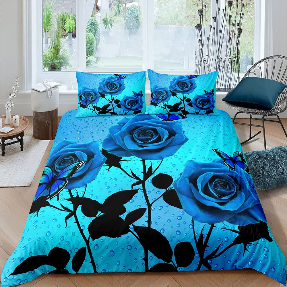 Juego de ropa de cama para niñas con diseño de rosas y flores, color azul, con 2 fundas de almohada