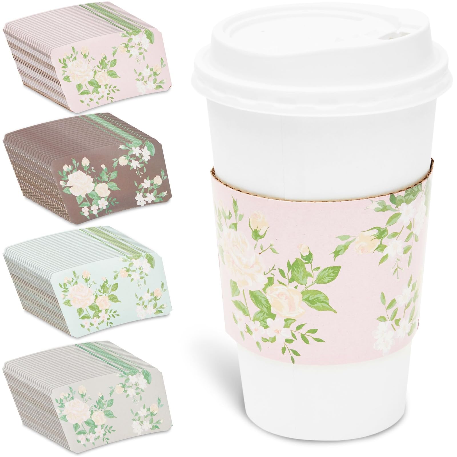 Sparkle and Bash Floral Coffee Sleeves - Disposable Paper Coffee Cup Sleeves for Weddings & Events - 100-Pack 2.5-in Multicolor - For Hot & Cold Drinks