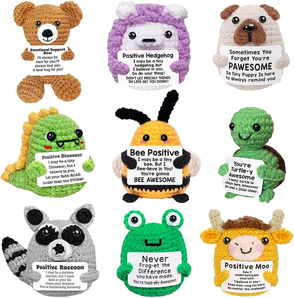 Positive Crochet Animals Bulk, Emotional Support Crochet Animals with Messages Sayings, Mini Knitted Inspirational Gifts for Women Friends Coworkers Students Employee Cute Crocheted Doll Cheer Up Gift