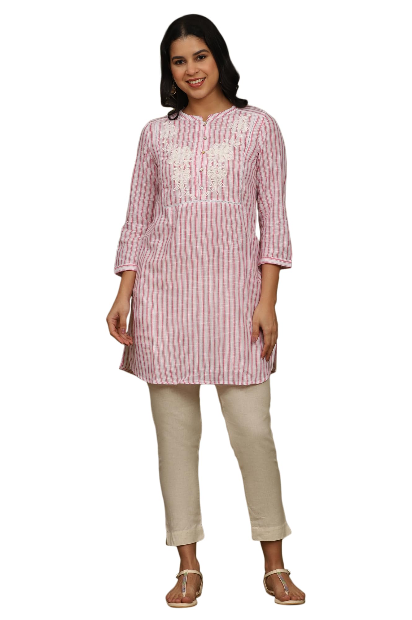 Pink and White Yarn Dyed Cotton Tunic in Mandarin Collar-image-43
