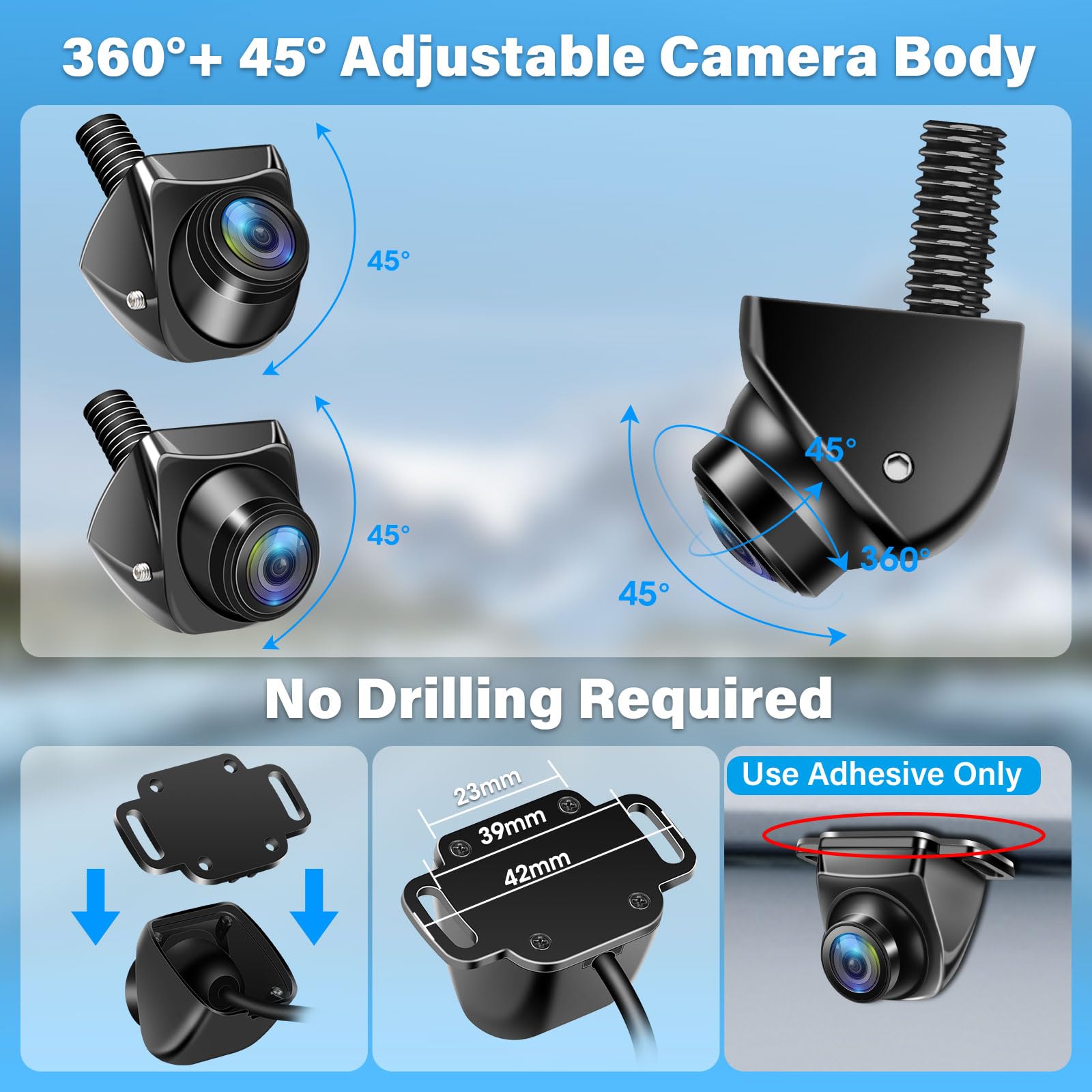 Vtopek AHD 1080P Telecamera di Retromarcia Grandangolare 180° Telecamera Posteriore per Auto Girevole a 360° Installazione Senza Foratura Retrocamera per Camper IP69K Impermeabile Visione Notturna