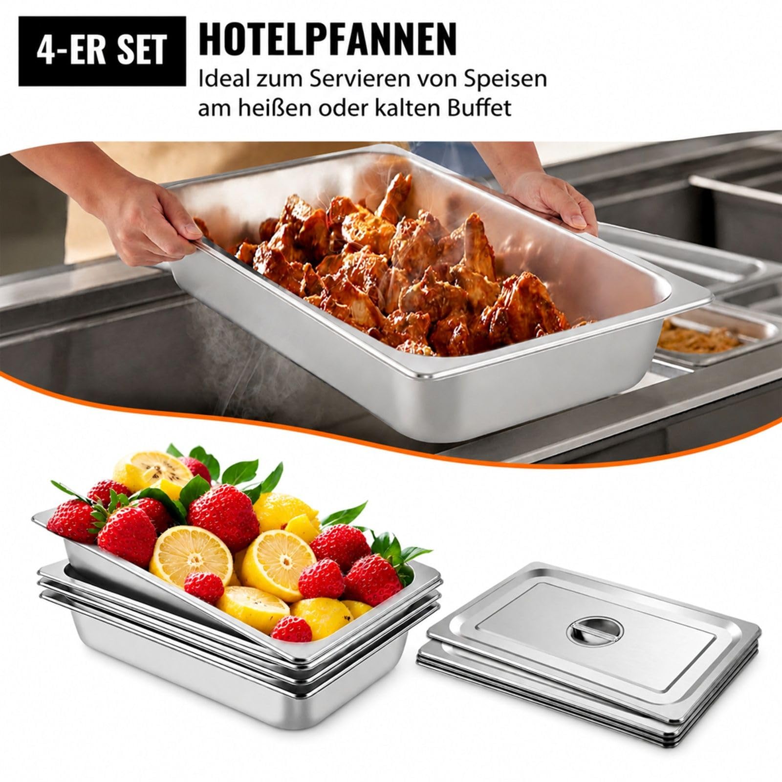 4 Gastronormbehälter aus Edelstahl mit Deckeln für Gastronomie, Buffet und Saladette