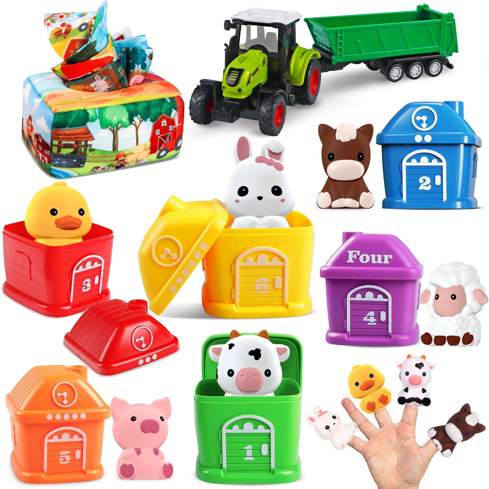 Learning Toys for Toddlers 1 2 3 Years Old, Montessori Counting, Matching, Sorting Fine Motor Games Farm Animals Finger Puppets Toys Sets with Truck Toy, Educational Baby Toy for 12-18 Months
