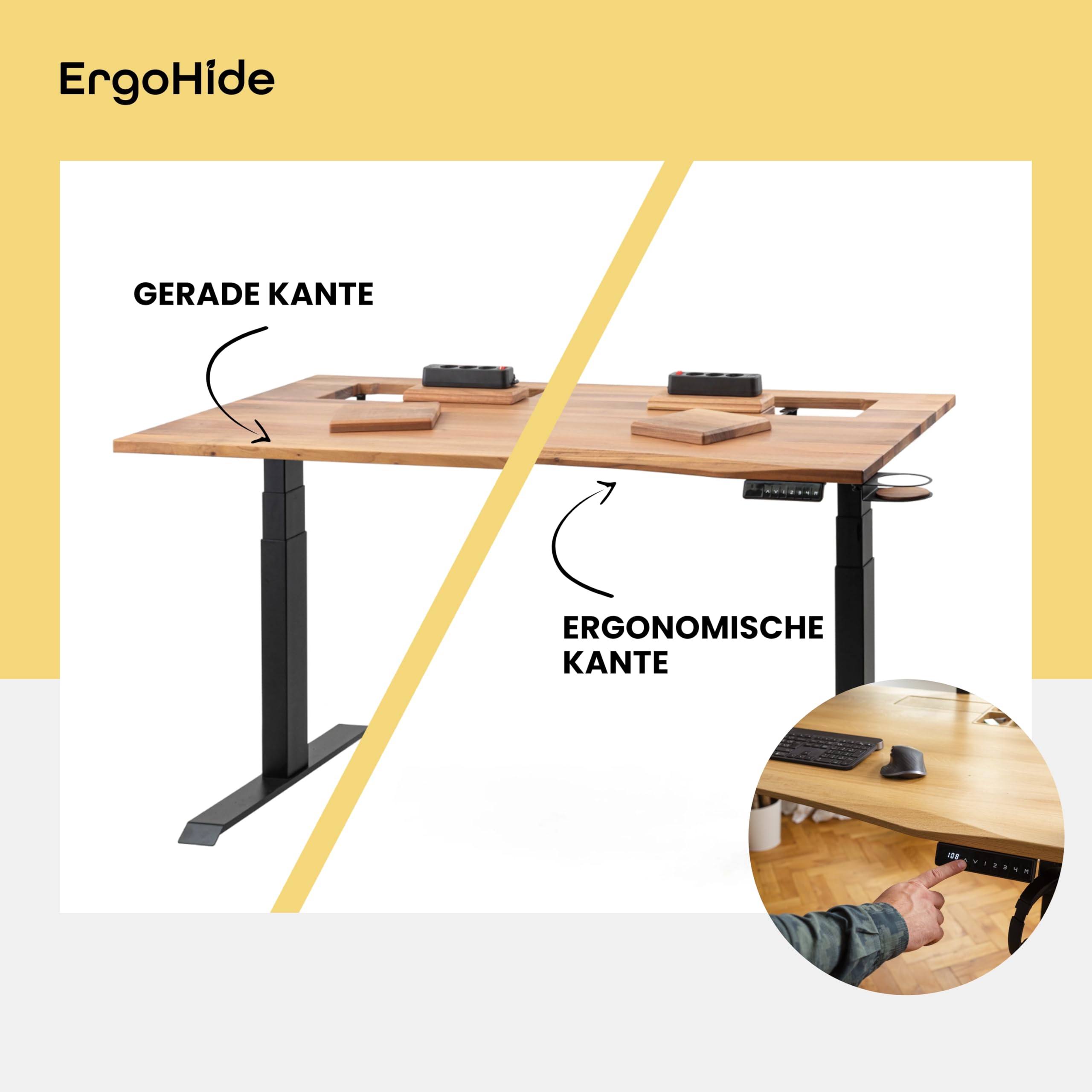 ErgoHide® Höhenverstellbarer Schreibtisch aus Massivholz mit erweitertem Kabelmanagement/Kabelkanal (Eiche, Schwarz, Ergonomisch, 150x80cm)