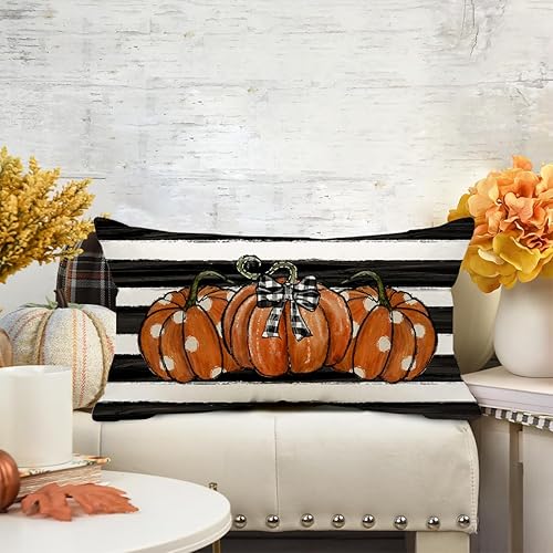 Miniatura 2 de Fundas de almohada de calabaza de otoño de 12 x 20 pulgadas, diseño de rayas negras con lazo de calabaza, decoración de otoño de Acción de Gracias,