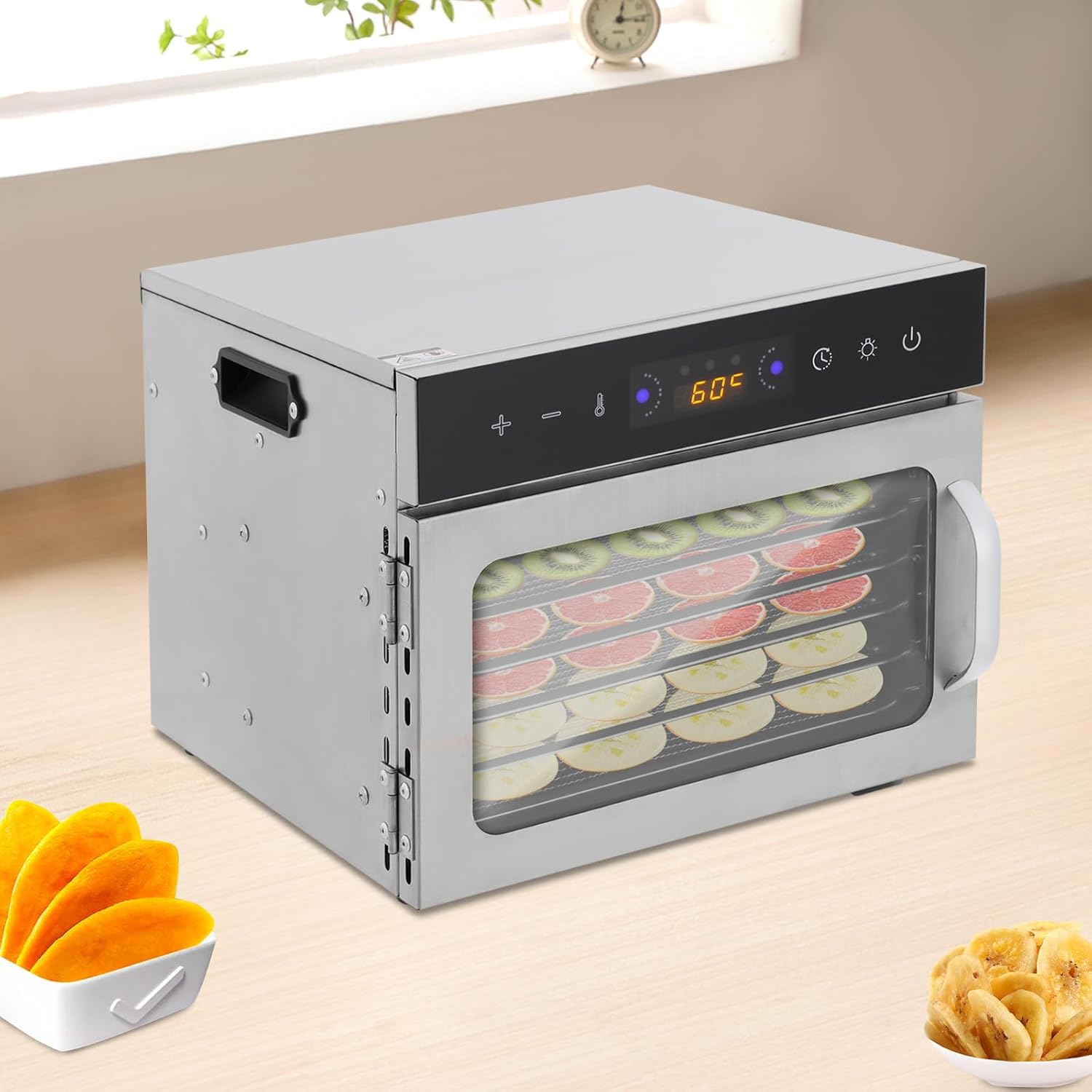 Food Dehydrator Machine, Jerky Dehydrators with 6-tray, Stainless Steel Fruits Dehydrator, 95-194℉ Temperature Control, Low Noise