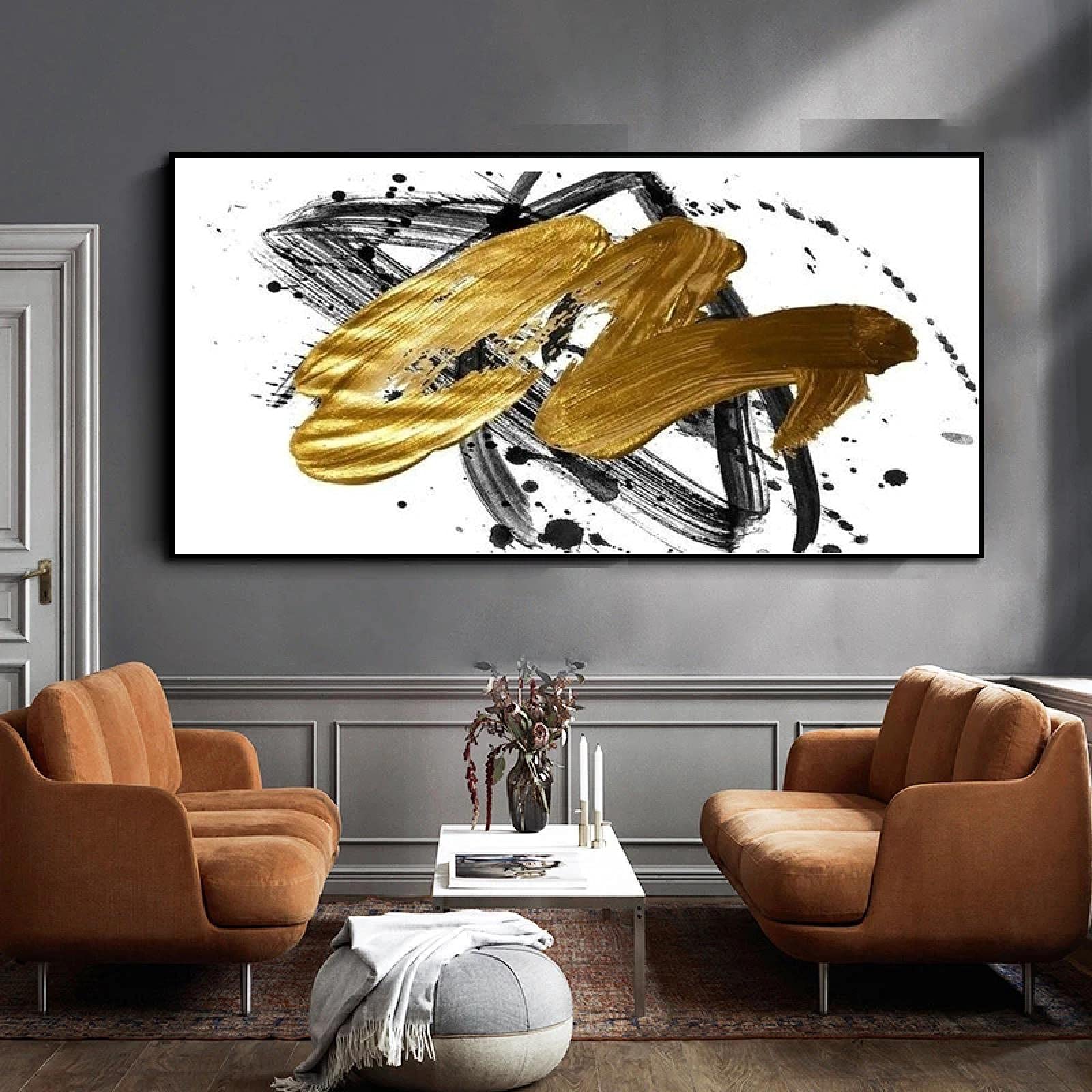 Yooyu Pintura de lienzo moderna abstracta con carteles de lámina dorada e impresiones Cuadros de arte de pared para la decoración del hogar de la sala de estar 50x100cm (20x39in) con marco