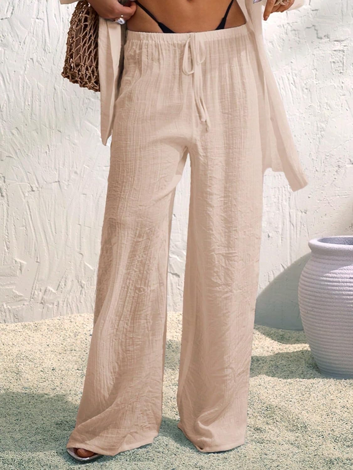 Women's Summer Beach Solid Color Drawstring Waist Straight Loose Cover-Up Pants cover ups for swimwear