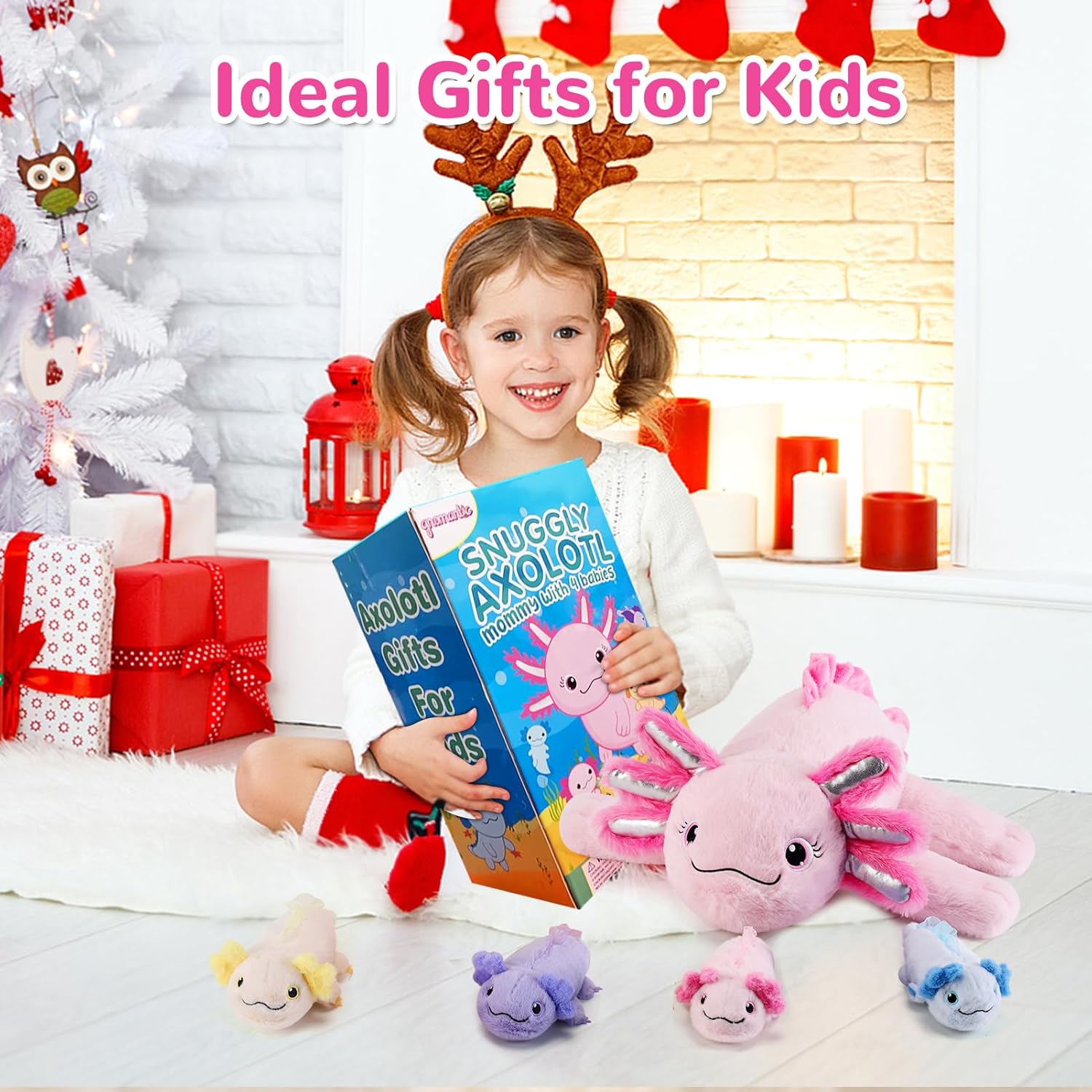 gnomantic 5 Pieces Axolotl Stuffed Animals with Babies Inside Belly - 1 Mommy Stuffed Axolotl with 4 Babies - Pink Axolotls Plush Toy for Kid Age 3-8, Gift Ideal for Christmas, Valentine's, Birthday