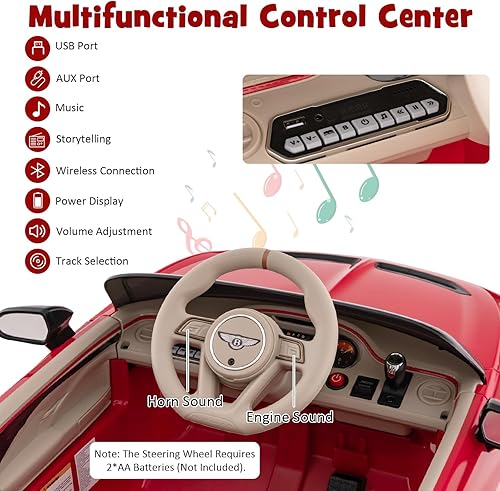Miniatura 6 de HONEY JOY Vehículo eléctrico Bentley con licencia de 12 V para niños, suspensión de resorte, luces LED, bocina, velocidad altabaja, auto de juguete