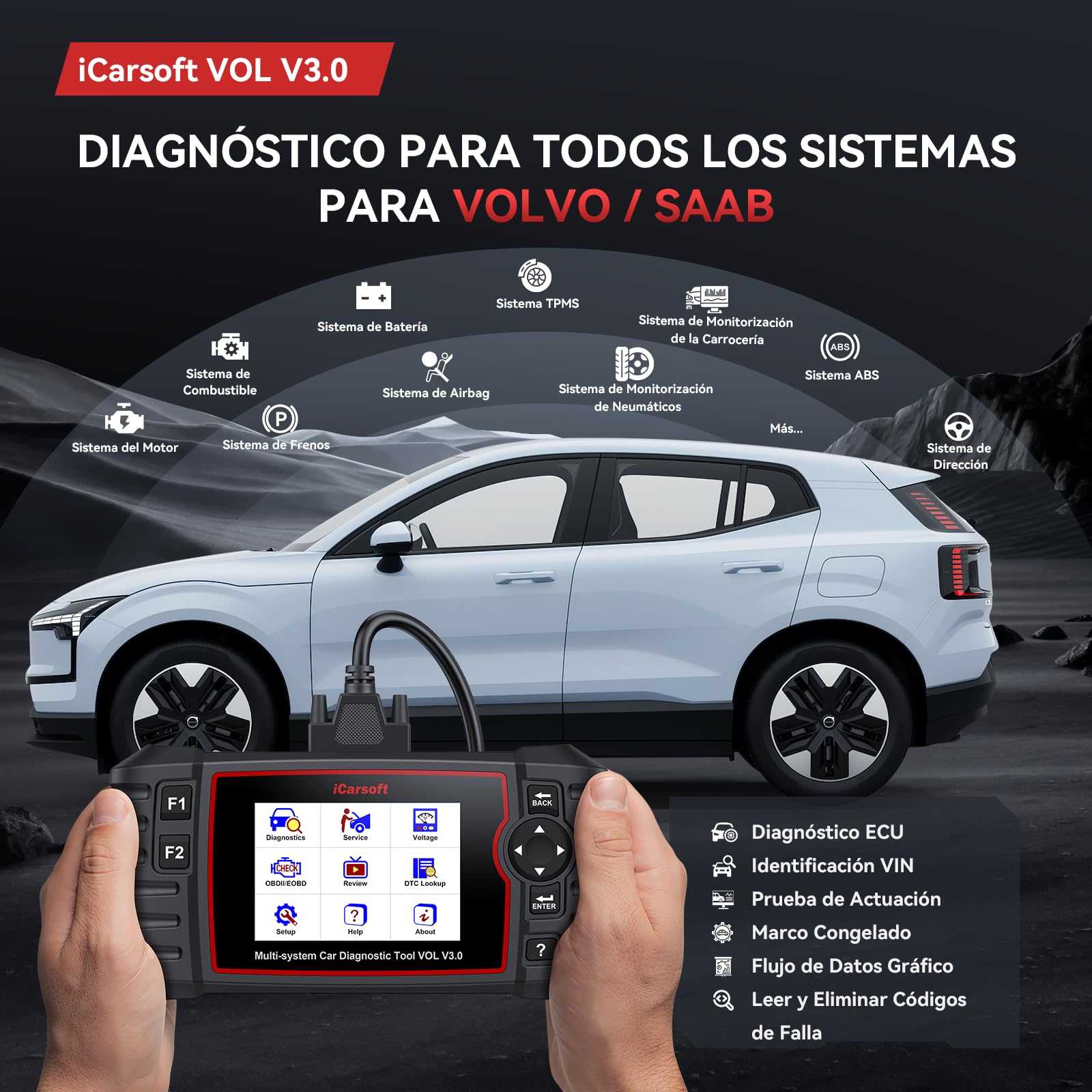 iCarsoft Vol V3.0 OBD2 Máquina Diagnosis Coche para Volvo/SAAB, Bidireccional Escáner de Todo el Sistema, 39 Funciones Reinicio, Prueba de Batería, Vin Automático, Actualizaciones de por Vida