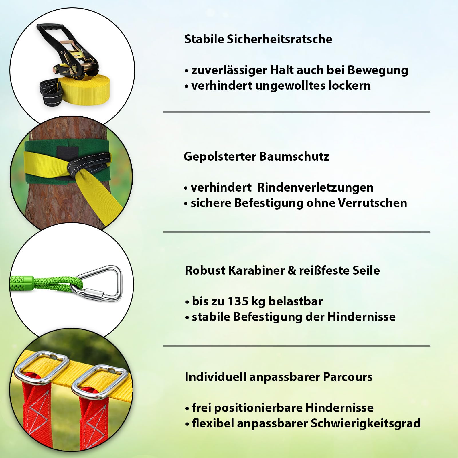 ALPIDEX Ninja Line Kinder Slackline 15m Hindernisse Set Turnringe Schaukel Kletterleiter Zubehör Erweiterbar Warrior Parcours Outdoor Hindernisparcours Garten 7 Jahre Garantie auf Material*