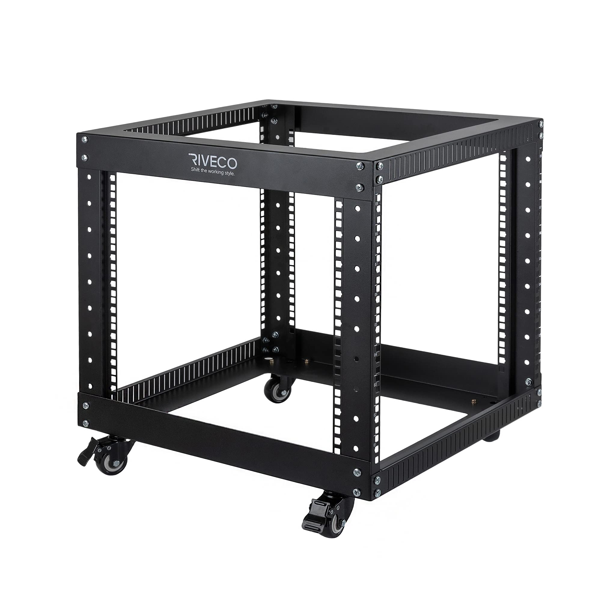 RIVECO 9U Open Frame Server Rack with Casters- Heavy Duty 4 Post Quick Assembly 19-inch, Stereo Rack Network Cabinet Black