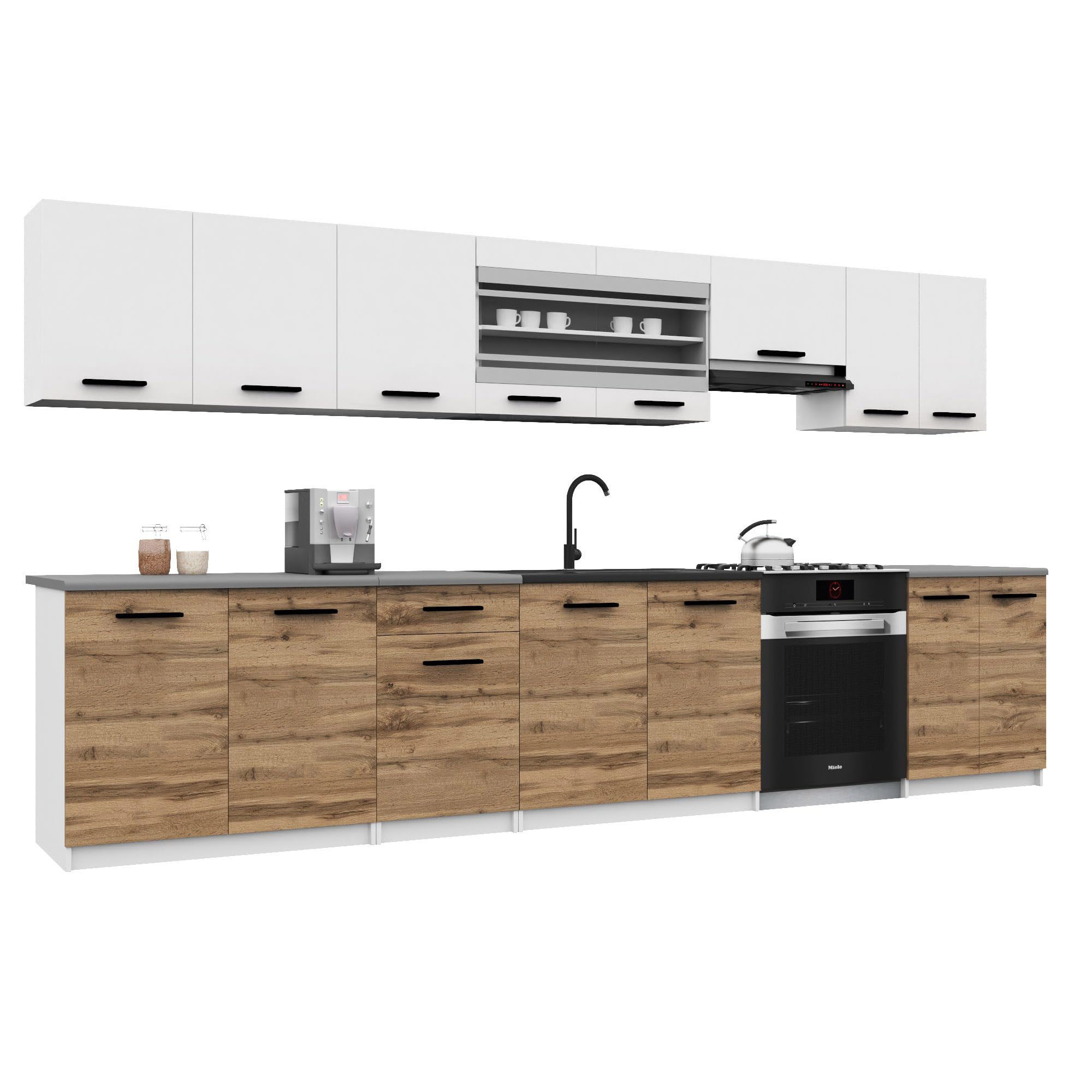 Belini Italia 3 Liniowa szafka kuchenna 320 cm biało-brązowy złoty matowy | ECONATURA DECOR Liniowa szafka kuchenna, szafka, bez sprzętu AGD, z blatem roboczym