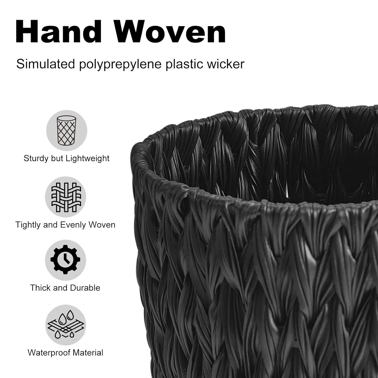 Coeusy Wicker Trash Can,Small Trash Can,Handwoven Waterproof Wicker Trash Basket,Round Garbage Can,Compact Waste Basket for Bathroom,Bedroom,Office,2 Gallon Black