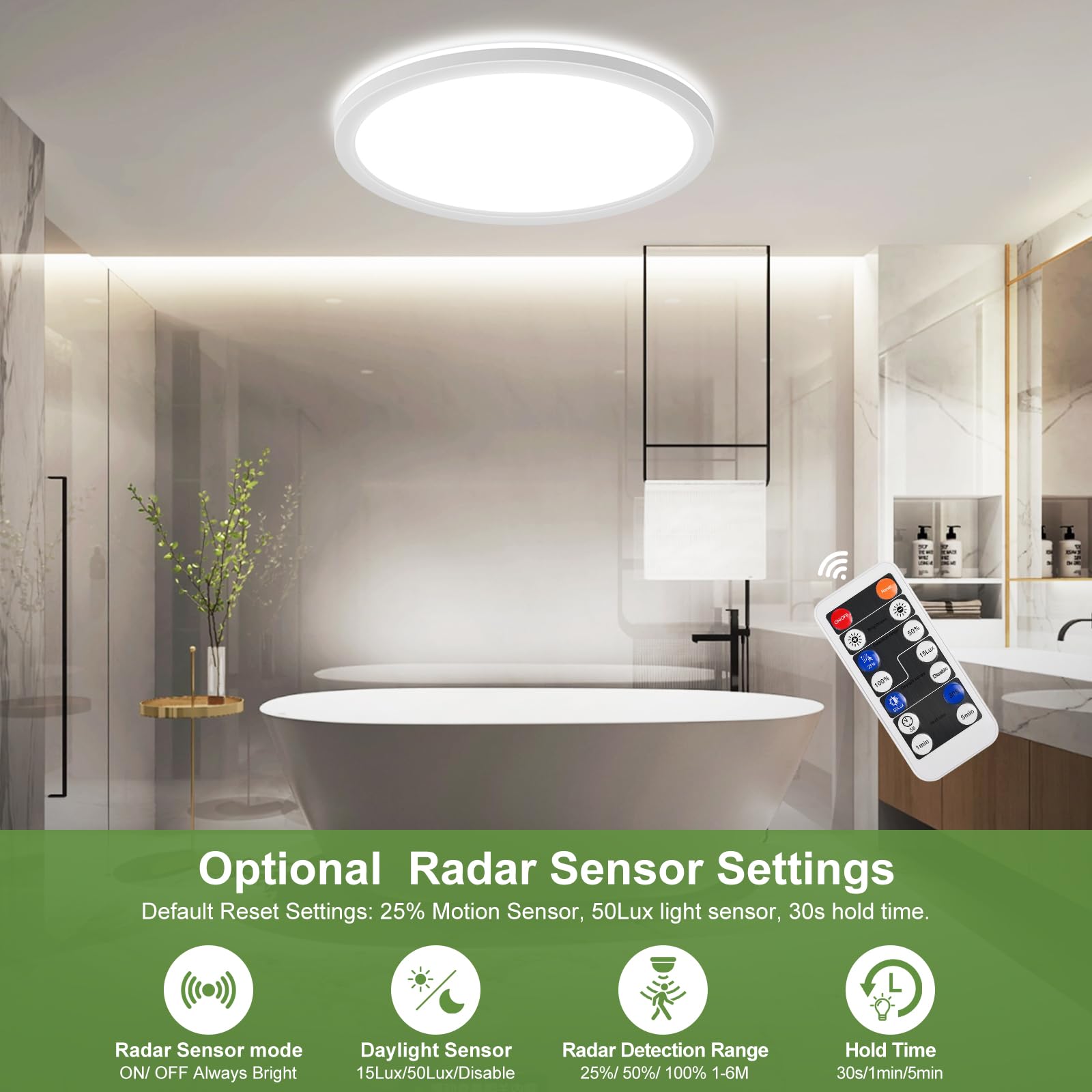 LEZOE Lámpara LED de techo con detector de movimiento, 30W 3300 lm, radar, sensor de movimiento, 3000K/4000K/6500K lámpara con sensor para baño, garaje, escaleras, sótano Ø39X2.5CM