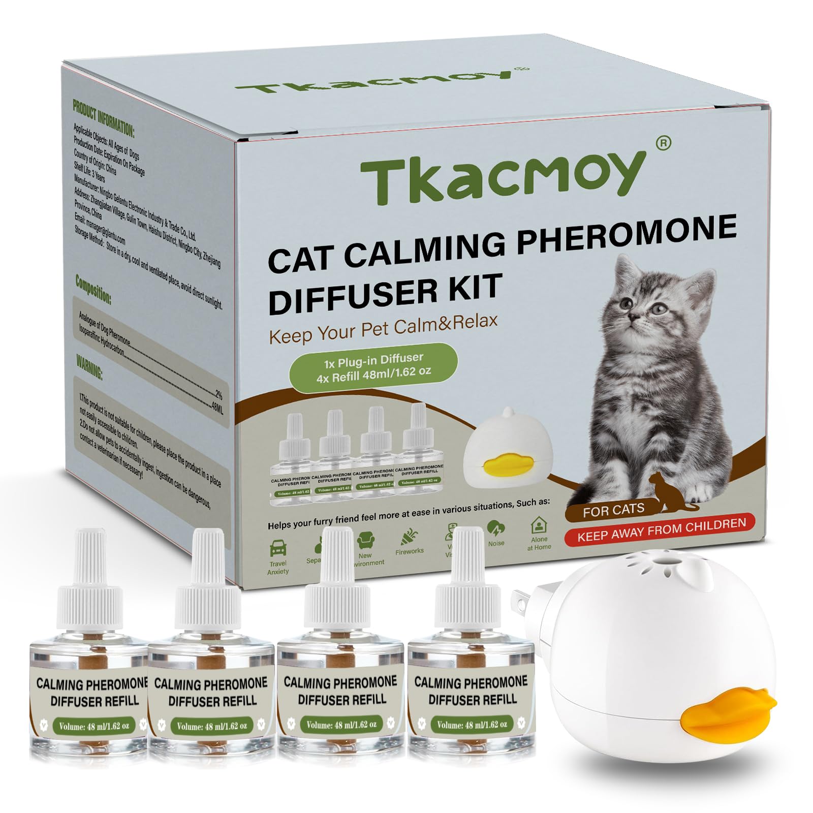 Cat Calming Diffuser, 4-in-1 Pheromone Refills for Anxious Cats, 120-Day Continuous Stress Relief for Multi-Cat Harmony