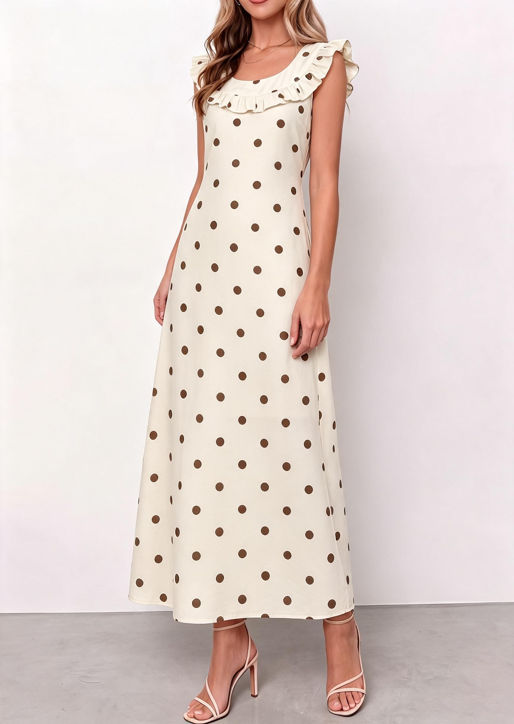 Damen Polka Dot Kleid V-Ausschnitt Rüschen-Kurzärmeln Vintage Sommerkleid
