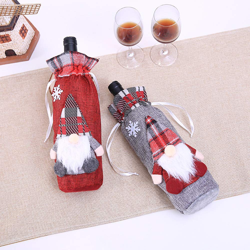 2 Copribottiglie Di Vino Natalizi In Lino Rosso – 24x12 Cm – Decorazione Festiva Con Bottone E Pelliccia Sintetica