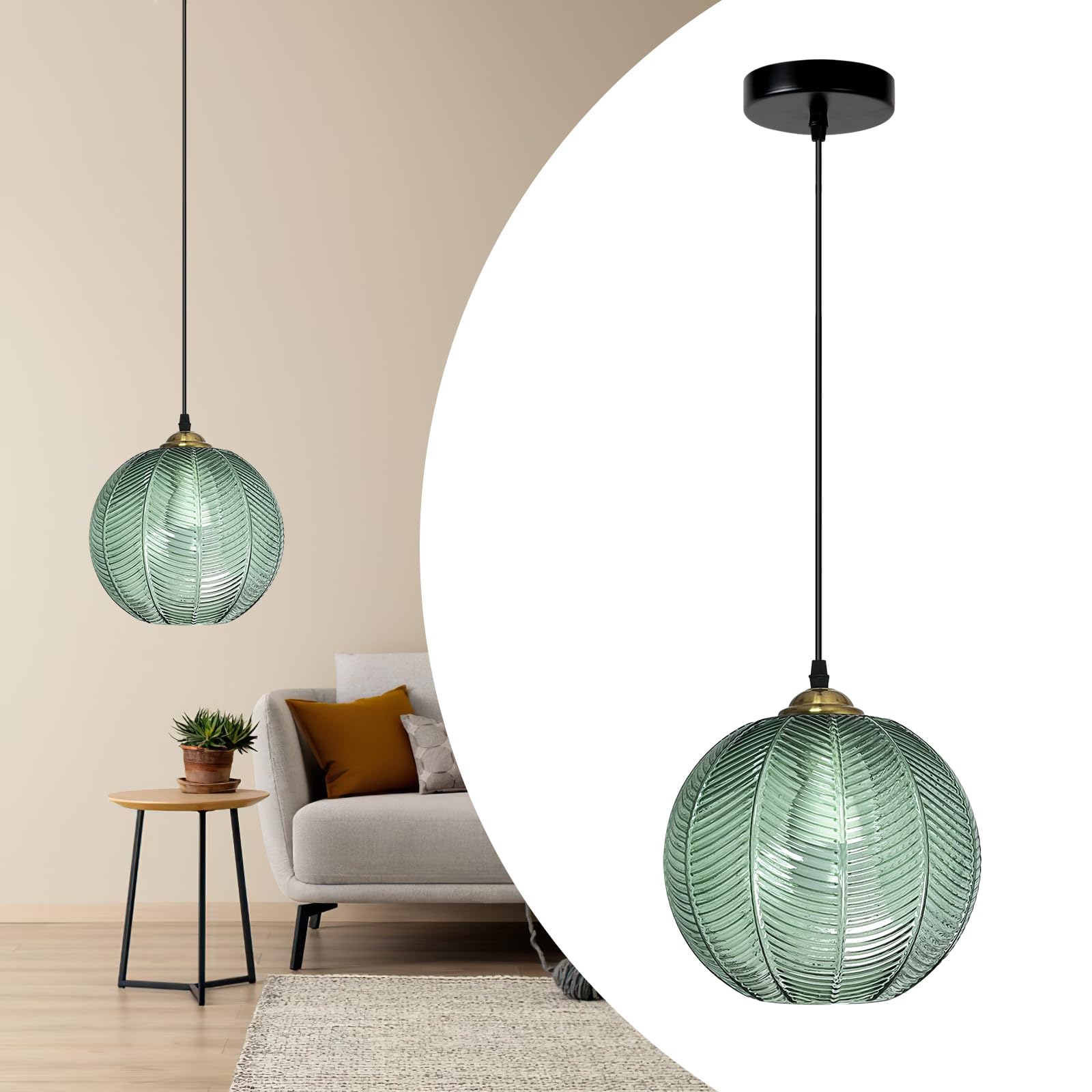 KISFWIU Pendant Light,Modern Industrial Hanging Ceiling Light Fitting with Green Glass lampshade for Breakfast bar Corner Kitchen Island Dining Living Room Entryway Foyer Light fixtures (1Pcs)