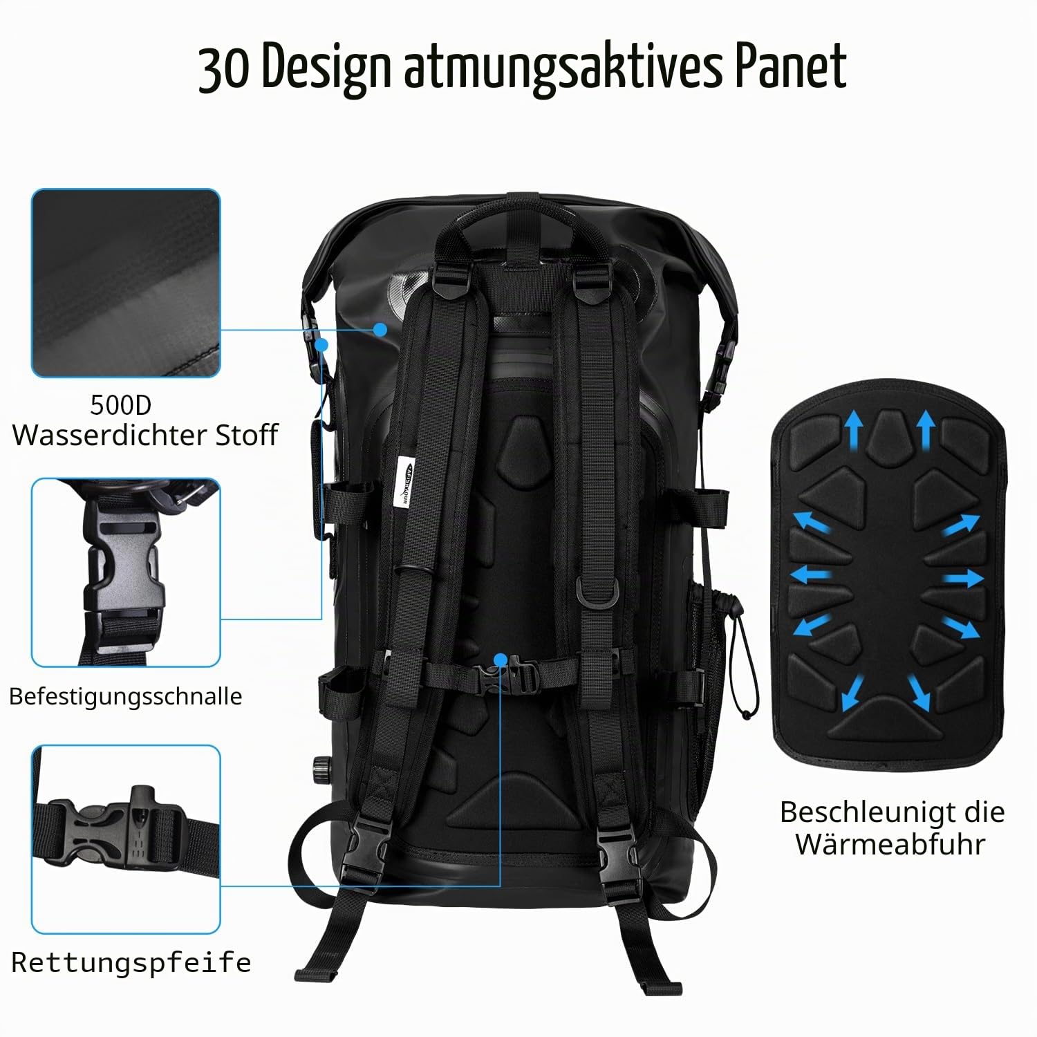 45L Wasserdichter Rucksack für Damen und Herren: Rollverschluss Dry-Bag mit Schwimmfunktion für Kajak, Rafting(Schwarz)